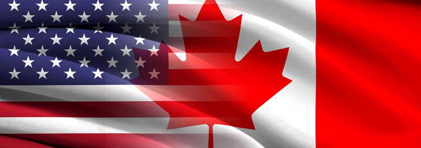 The flag of the United States blending with the flag of Canada