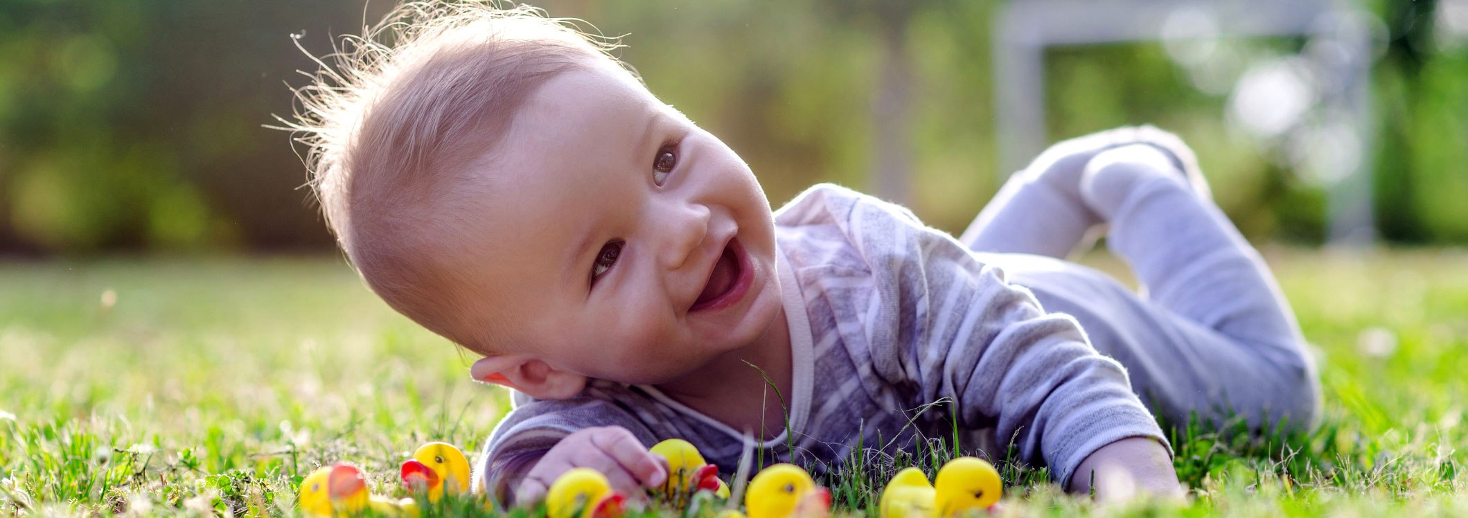 A baby lauging with rubber ducks on grass