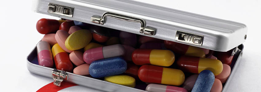 A briefcase full of different pills