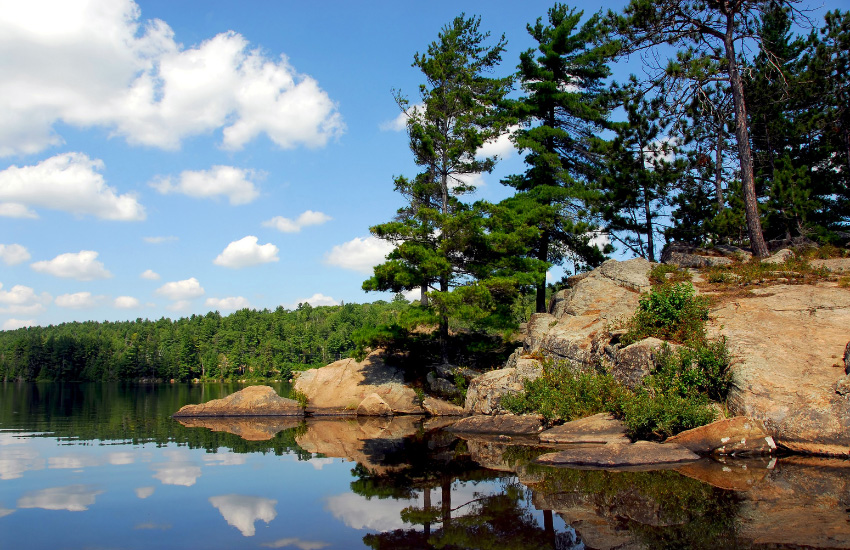 Peaceful lake surrounded by rocky shores and pine trees in Algonquin Provincial Park.